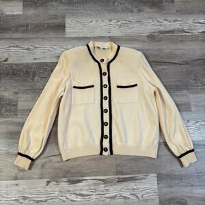 St. John Collection Knit Cardigan Jacket Cream Black Trim Womens L